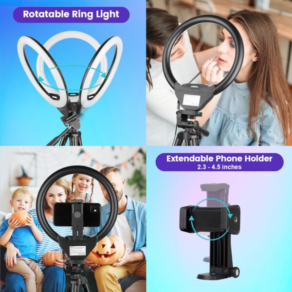 Sensyne 10'' RGB Ring Light with 50'' Extendable Tripod Stand, Circle Lights with Phone Holder for Live Stream/Makeup/YouTube Video/TikTok, Compatible with All Phones - Image 3