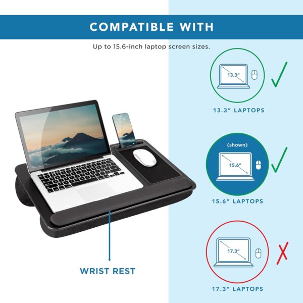 LAPGEAR Home Office Pro Lap Desk with Wrist Rest, Mouse Pad, and Phone Holder - Black Carbon - Fits up to 15.6 Inch Laptops - Style No. 91598 - Image 3