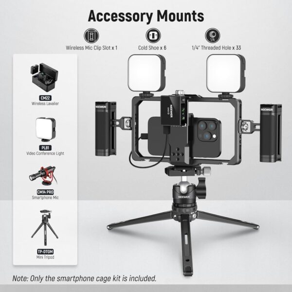 NEEWER Upgraded Phone Rig Vlogging Kit, Video Stabilizer with Dual Handle, Wireless Mic Clip Slot for Tiktok/YouTube, Compatible with SmallRig iPhone 16 15 14 Pro Max Plus 13 Galaxy S23, PA009 - Image 2