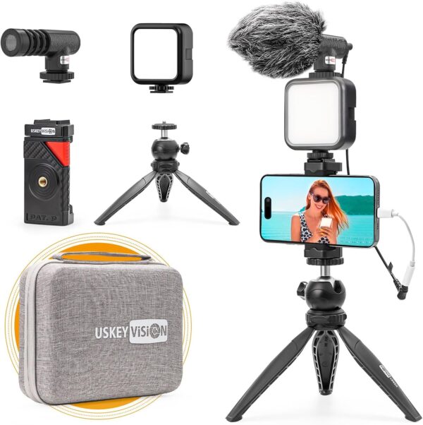 Smartphone Vlogging Kit for iPhone 16/15/14 Mini/Pro/Max, Android Smartphone Content Creator Kit w/Microphone Light Auto-Switch Phone Clip for YouTube Tiktok Live Steam (Vlog K2)