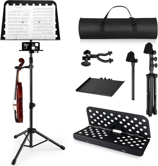 Vangoa Music Stand, Professional Portable Music Stand for Sheet Music with Violin Hanger, Folding Sheet Music Stand Music Instrument Stand with Carrying Bag, MD-3