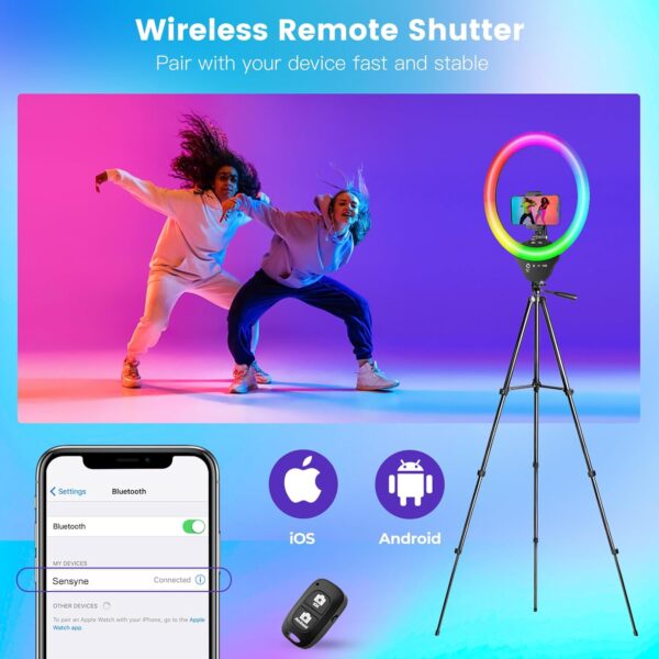 Sensyne 10'' RGB Ring Light with 50'' Extendable Tripod Stand, Circle Lights with Phone Holder for Live Stream/Makeup/YouTube Video/TikTok, Compatible with All Phones - Image 5