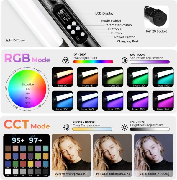 Mettlelite TLX1 RGB Tube Light LED Full Color Portable Video Light with APP Control 2800K-8000K CRI96 TLCI97 360° RGB CCT HSI Mode 10 Customizable Light Effects Rechargeable Battery Magnet Design - Image 3