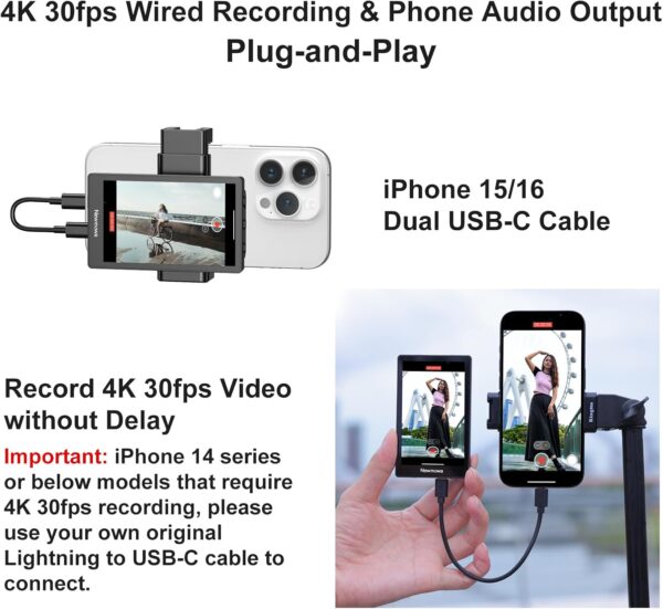 Newmowa Phone Vlog Selfie Monitor Screen, Magnetic Phone Holder Clip Mount, Using Phone Rear Camera for Selfie Vlog Live Stream TikTok, Compatible with iPhone (Support 4K 30fps Wired Recording) - Image 2