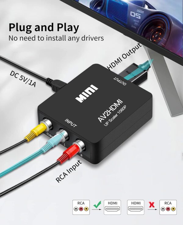 RCA to HDMI Converter, RCA to HDMI Adapter, 1080P Mini RCA Composite CVBS AV to HDMI Video Audio Converter Adapter Support PAL/NTSC for N64 Wii PS2 PS3 Xbox VHS - with HDMI Cable - Image 4