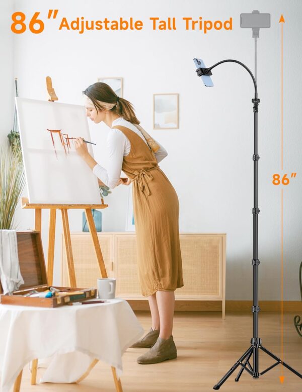 Phone Tripod, 86" Tall Tripod for iPhone with Flexible Gooseneck & Remote, Portable Cellphone Tripod Stand, Aluminum Travel Tripod for Selfies, Video Recording, Compatible with iPhone Android - Image 2