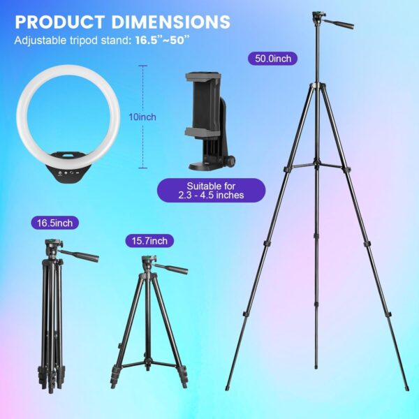 Sensyne 10'' RGB Ring Light with 50'' Extendable Tripod Stand, Circle Lights with Phone Holder for Live Stream/Makeup/YouTube Video/TikTok, Compatible with All Phones - Image 6
