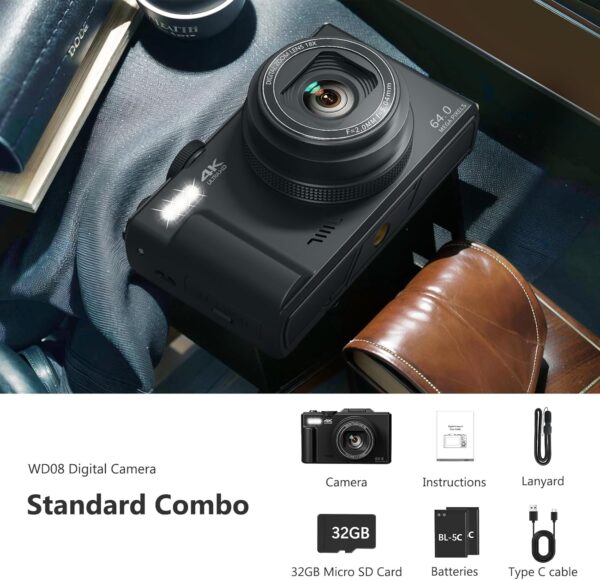 4K Digital Camera for Photography, 64MP Vlogging Camera for YouTube with 3" 180° Flip Screen, 18X Digital Zoom Point and Shoot Camera with 32GB Micro SD Card for Beginner (Black) - Image 6