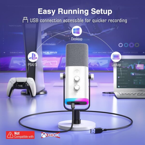 FIFINE XLR/USB Gaming Microphone for Streaming Podcasting, PC Computer RGB Mic, with Gain Knob, Mic Mute, Monitoring Jack, Gamer Mic for Recording Video Creation-AmpliGame AM8 White - Image 3