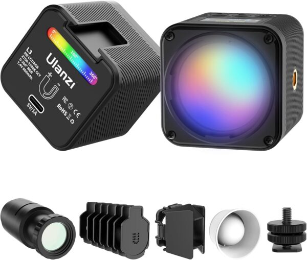 ULANZI L3 RGB LED Video Light, Waterproof Camera Lighting Kit 2700K-7000K Mini Cube COB Light Dimmable Fill Magnetic Photography Light with Fresnel Lens Cold Shoe for Smartphone,Action,DSLR Camera