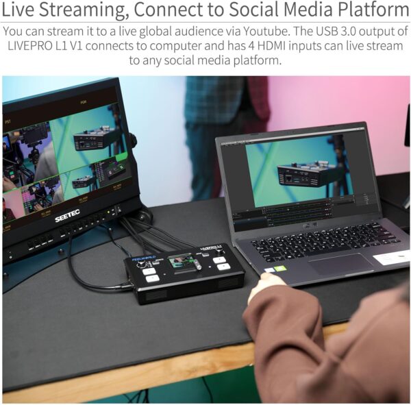FEELWORLD LIVEPRO L1 V1 Multi Camera Video Mixer Switcher 2 Inch LCD Display 4 x HDMI Inputs USB 3.0 Output Format Real Time Production Live Streaming Lightweight - Image 2