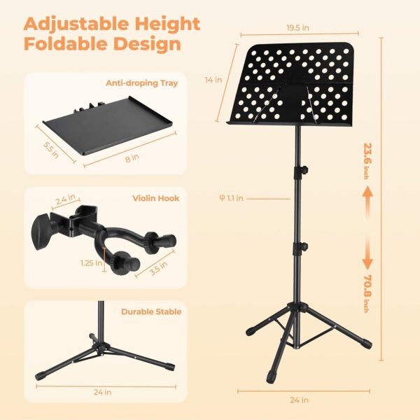 Vangoa Music Stand, Professional Portable Music Stand for Sheet Music with Violin Hanger, Folding Sheet Music Stand Music Instrument Stand with Carrying Bag, MD-3 - Image 6