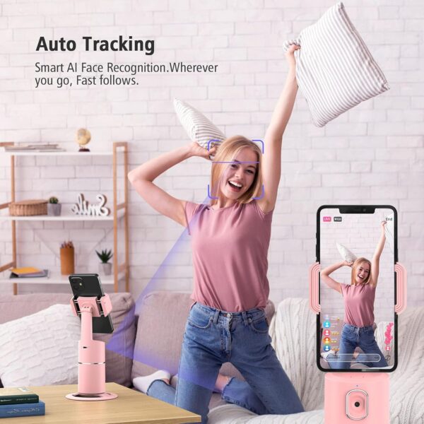 Auto Face Tracking Phone Holder, No App Required, 360° Rotation Face Body Phone Tracking Tripod Smart Shooting Camera Mount for Live Vlog Streaming Video, Rechargeable Battery-Pink - Image 3