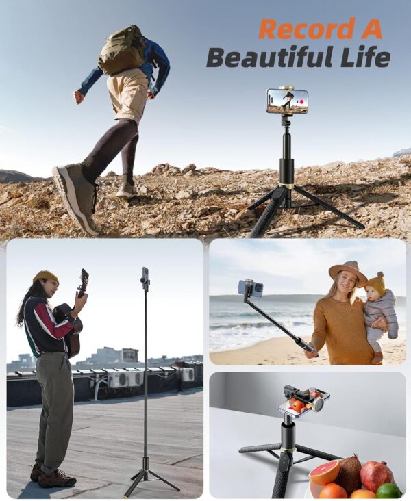 62" Phone Tripod & Selfie Stick, Tripod for iPhone with Remote, Portable, Lightweight Travel Tripod for Selfies Video Recording Vlog, Extendable Phone Tripod Stand Compatible with iPhone Android - Image 6