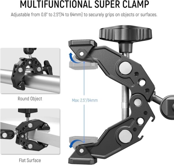NEEWER Super Clamp with 3" Dual Ballhead Magic Arm, Cold Shoe, 1/4" Threads, Phone/Action Camera Mount Adapter for Desk Tripod Tube Crossbar Gimbal Rods Compatible with SmallRig GoPro DJI, ST83 - Image 4