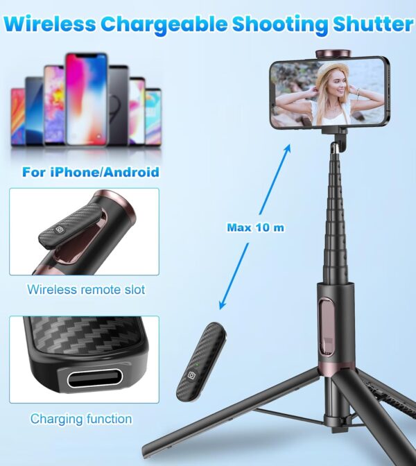 TONEOF 67" Cell Phone Selfie Stick Tripod,Smartphone Tripod Stand All-in-1 with Integrated Wireless Remote,Portable,Lightweight,Extendable Phone Tripod for iPhone/Android(Black) - Image 5