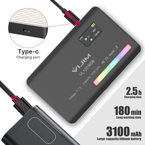 VIJIM VL120 RGB Video Light, Portable LED Camera Light Panel 0-360 Full Color, CRI 95+ 2500-9000K LED 3100mAh Rechargeable DSLR Lighting for Vlogging, Photography, Video Conference - Image 4
