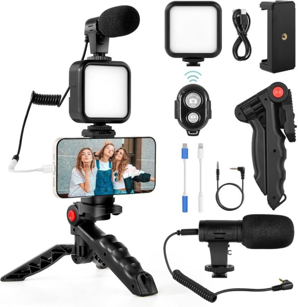 Vlogging Kit for iPhone, Android (with Tripod), with Mini LED Video Light + Cardioid Microphone + Phone Clip + Tripod for Video Calling, Vlogging, YouTube, Instagram, TikTok