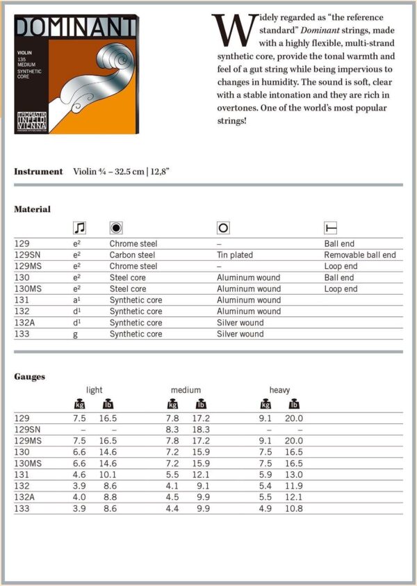 Thomastik-Infeld 135MS Dominant 4/4 Violin String Set with Wound Loop E - Image 3