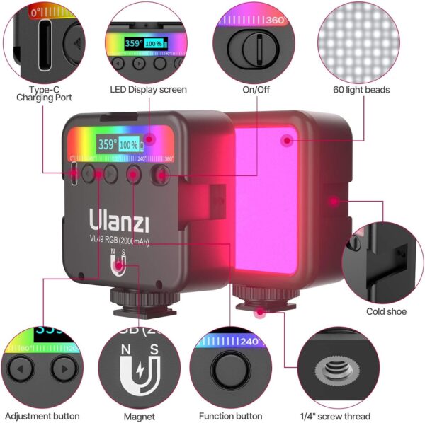 ULANZI VL49 RGB Video Lights, LED Camera Light 360° Full Color Portable Photography Lighting w 3 Cold Shoe, 2000mAh Rechargeable CRI 95+ 2500-9000K Dimmable Panel Lamp Support Magnetic Attraction - Image 2