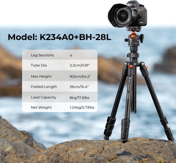 K&F Concept 64 inch/163cm Camera Tripod,Lightweight Travel Outdoor DSLR Tripods with 360 Degree Ball Head Load Capacity 8kg/17.6lbs,Cellphone Clip for Smartphone Live Streaming Vlog K234A0+BH-28L - Image 2