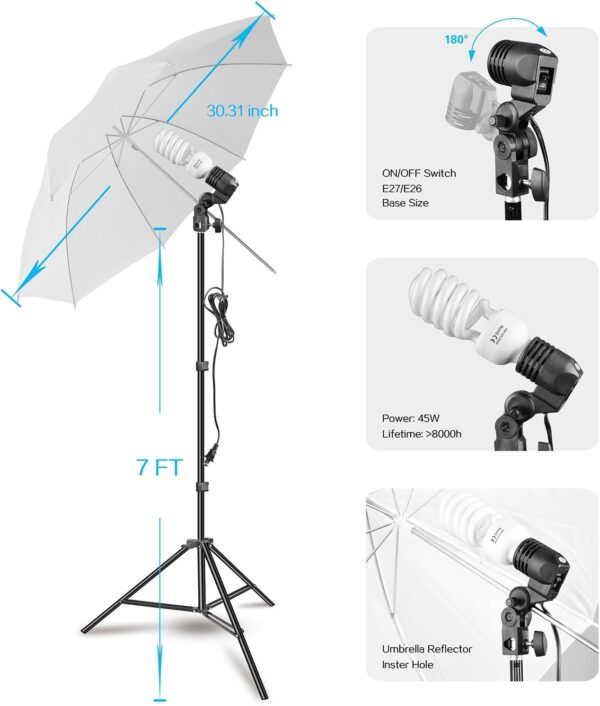 Photography Umbrella Continuous Lighting Kit,Muslin Backdrop Kit(White Black), Backdrop Clips Clamp,10ft Photo Background Photography Stand System for Photo Video Studio Shooting - Image 4