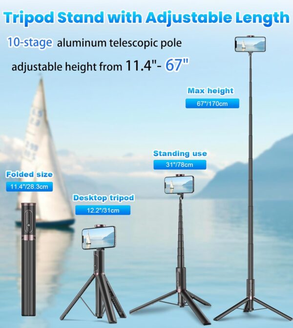 TONEOF 67" Cell Phone Selfie Stick Tripod,Smartphone Tripod Stand All-in-1 with Integrated Wireless Remote,Portable,Lightweight,Extendable Phone Tripod for iPhone/Android(Black) - Image 3