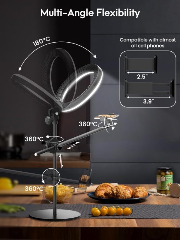 LUXSURE Ring Light for Desk with Stand,Overhead Camera/Phone Mount with 10.5" Ring Lights for iPhone,Phone Tripod with Light Adjustable Lighting for Video Recording,Cooking,Live Stream,Content Creator - Image 3