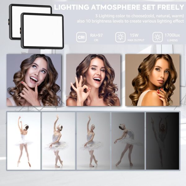 2-Pack LED Photography Lighting Kit, Arsoer 15W Bi-Color Video Light Kit, 2800-6500K LED Light CRI 97+, Studio Light with 70” Tripod Stand for Photography/YouTube/Video Recording/Content Creation - Image 2