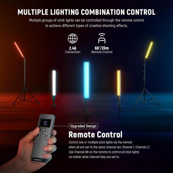 NEEWER Upgraded LED Video Light Stick & 2.4G Remote Kit, 2 Pack Handheld Dimmable 3200K~5600K CRI97+ Video Lighting with Stands/Filters/Bag for YouTube Video Recording Photography Gaming, BH20B Black - Image 4