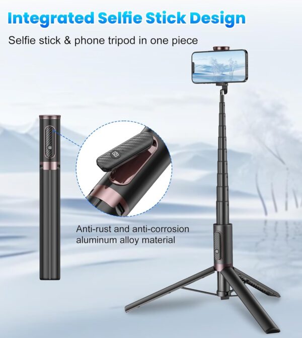 TONEOF 67" Cell Phone Selfie Stick Tripod,Smartphone Tripod Stand All-in-1 with Integrated Wireless Remote,Portable,Lightweight,Extendable Phone Tripod for iPhone/Android(Black) - Image 2