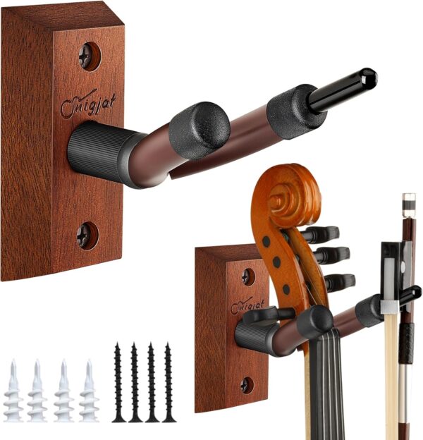 SNIGJAT Violin Wall Mount 2 Pack, Hardwood Violin Hanger Wall Mount with Bow Holder, Violin Wall Hook Vertical Display, Violin Wall Stand Fits 4/4, 3/4, 1/2, 1/4 Violin for Home and Studio