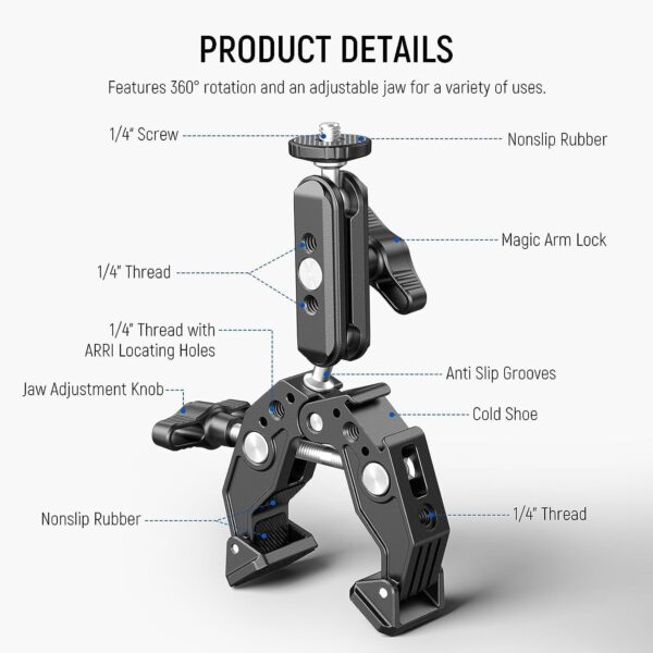 NEEWER Super Clamp with 3" Dual Ballhead Magic Arm, Cold Shoe, 1/4" Threads, Phone/Action Camera Mount Adapter for Desk Tripod Tube Crossbar Gimbal Rods Compatible with SmallRig GoPro DJI, ST83 - Image 3