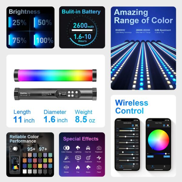 Mettlelite TLX1 RGB Tube Light LED Full Color Portable Video Light with APP Control 2800K-8000K CRI96 TLCI97 360° RGB CCT HSI Mode 10 Customizable Light Effects Rechargeable Battery Magnet Design - Image 2