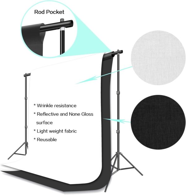 Photography Umbrella Continuous Lighting Kit,Muslin Backdrop Kit(White Black), Backdrop Clips Clamp,10ft Photo Background Photography Stand System for Photo Video Studio Shooting - Image 3