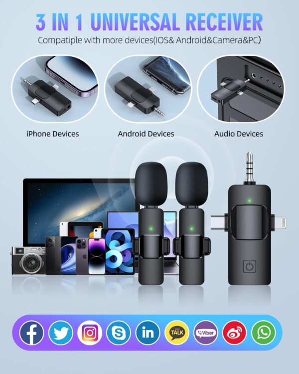 PQRQP 3 in 1 Wireless Lavalier Microphones for iPhone, iPad, Android, Camera, USB-C Microphone, 7-Hour Battery, Mini Microphone with Noise Reduction for Video Recording, Vlog, YouTube, TikTok - Image 6