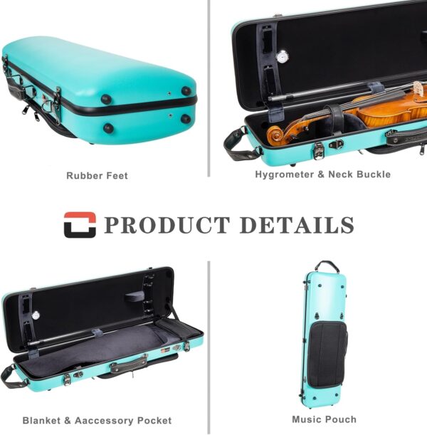 Crossrock Poly Carbon Oblong Case fits 4/4 Full-Size Violin, Includes Protective Blanket, Outside Music Pouch, Hygrometer, Accessory Pocket, Detachable Straps -Mint Blue (CRF4050VFMB-R) - Image 5