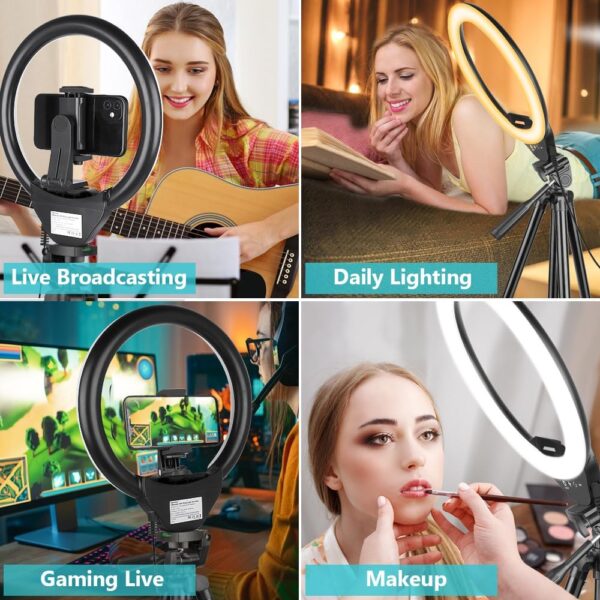 Sensyne 10'' Ring Light with 50'' Extendable Tripod Stand, LED Circle Lights with Phone Holder for Live Stream/Makeup/YouTube Video/TikTok, Compatible with All Phones - Image 3