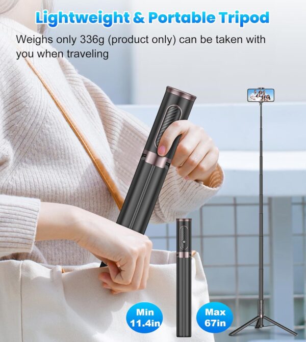 TONEOF 67" Cell Phone Selfie Stick Tripod,Smartphone Tripod Stand All-in-1 with Integrated Wireless Remote,Portable,Lightweight,Extendable Phone Tripod for iPhone/Android(Black) - Image 7