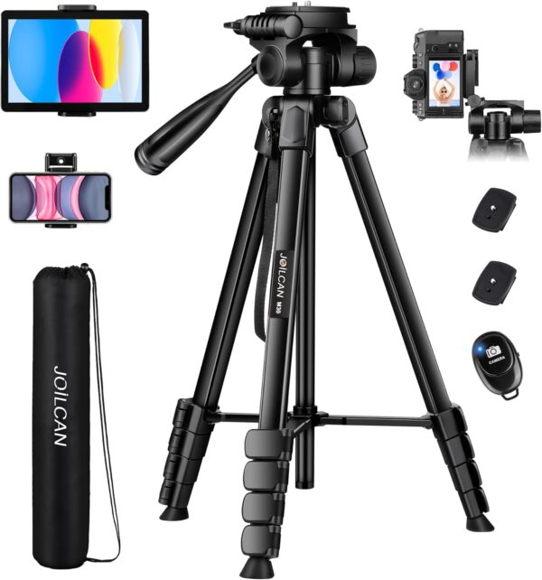 JOILCAN Camera Tripod, 68" Tablet Tripod Stand for Phone Cameras, Travel Tripod Compatible with iPad iPhone DSLR SLR Projector, Cell Phone Tripod Stand with Remote/Travel Bag / 2 in 1 Mount