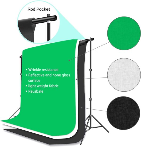 Photography Photo Video Studio Background Stand Support Kit with 3 Muslin Backdrop Kits (White/Black/Chromakey Green Screen Kit),1050W 5500K Daylight Umbrella Lighting Kit with Carry Bag - Image 3