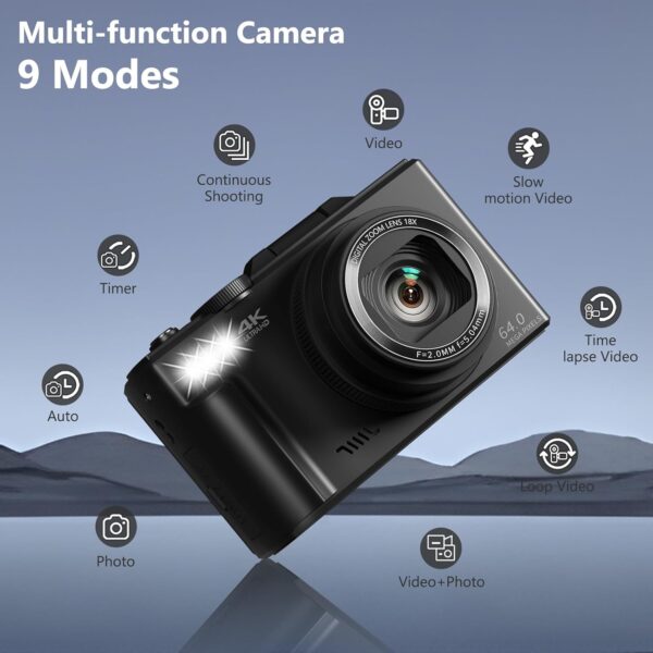 4K Digital Camera for Photography, 64MP Vlogging Camera for YouTube with 3" 180° Flip Screen, 18X Digital Zoom Point and Shoot Camera with 32GB Micro SD Card for Beginner (Black) - Image 5