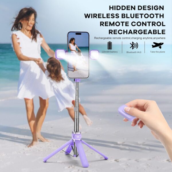 Mini iPhone Tripod Stand,MQOUNY 38" Phone Tripod &Selfie Stick with Wireless Rechargeable Remote & Removable Light, Extendable Tripod Stand 360 Rotation Compatible with iPhone&Android Samsung (Purple) - Image 4