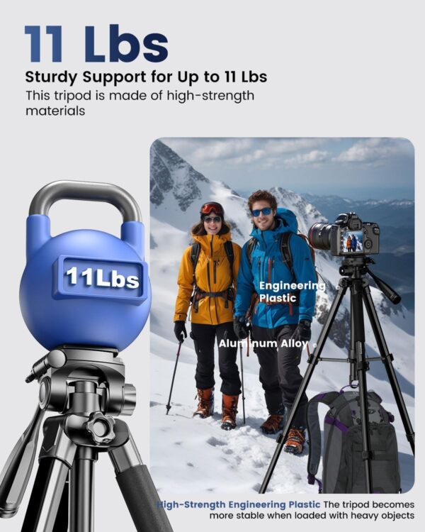 73" Camera Tripod and Monopod, Professional Aluminum Tripod Stand for Mirrorless Camera/DSLR/Cell Phone/Camcorder/GoPro, with Phone Holder and Travel Bag (Black) - Image 2