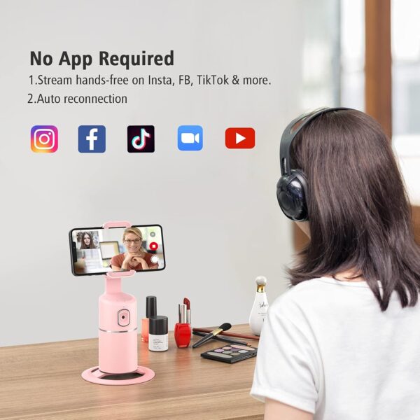 Auto Face Tracking Phone Holder, No App Required, 360° Rotation Face Body Phone Tracking Tripod Smart Shooting Camera Mount for Live Vlog Streaming Video, Rechargeable Battery-Pink - Image 4