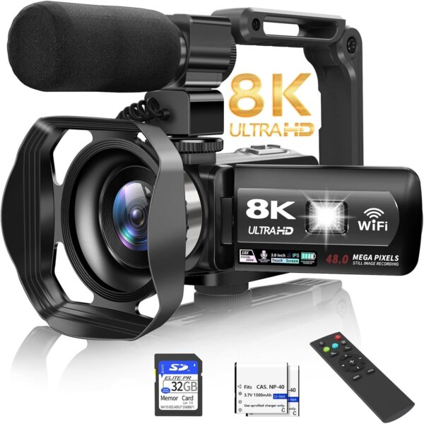 Video Camera, 8K Camcorder 48MP 15FPS UHD WiFi Vlogging Camera with IR Night Vision for YouTube, 3" Touch Screen 18X Digital Zoom, with Fill Light, Mic, Stabilizer, Lens Hood, Remote and 2 Batteries
