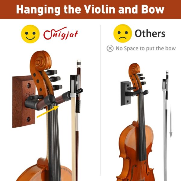 SNIGJAT Violin Wall Mount 2 Pack, Hardwood Violin Hanger Wall Mount with Bow Holder, Violin Wall Hook Vertical Display, Violin Wall Stand Fits 4/4, 3/4, 1/2, 1/4 Violin for Home and Studio - Image 3