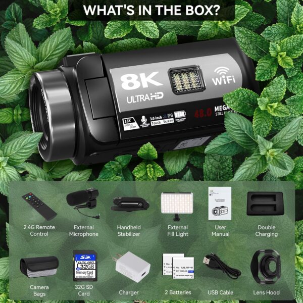 Video Camera, 8K Camcorder 48MP 15FPS UHD WiFi Vlogging Camera with IR Night Vision for YouTube, 3" Touch Screen 18X Digital Zoom, with Fill Light, Mic, Stabilizer, Lens Hood, Remote and 2 Batteries - Image 8
