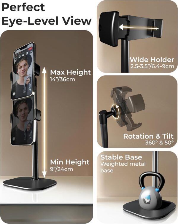 Cooper Chat Stand, Height Adjustable Cell Phone Stand for Desk | Rotating, Tilting Cell Phone Holder for Desk with 9-14" Eye-Level View | Metal Cell Phone Tripod Stand, Phone Accessories (Night Black) - Image 3