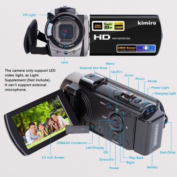 Video Camera Camcorder Digital Camera Recorder Full HD 1080P 15FPS 24MP 3.0 Inch 270 Degree Rotation LCD 16X Digital Zoom Camcorder Camera with 2 Batteries(Black) - Image 2